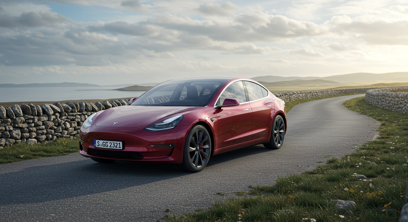 Tesla Model 3 car in countryside